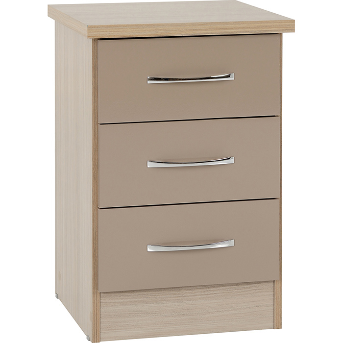 Nevada 3 Drawer Bedside Chest In Oyster Gloss & Light Oak Effect - Click Image to Close